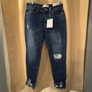 KanCan Relaxed Fit Distressed Jeans Size 7 / 27 Dark Wash High Rise Raw Hem